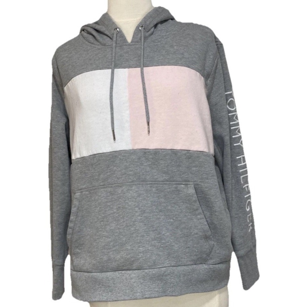 Vintage Tommy Hilfiger Women's XL Striped Pullover Hoodie Pocket Gray Pink/White